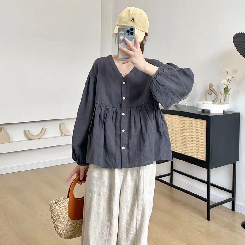Áo sơ mi KAMAKA linen dài tay cổ V kiểu bo tay - NU8458