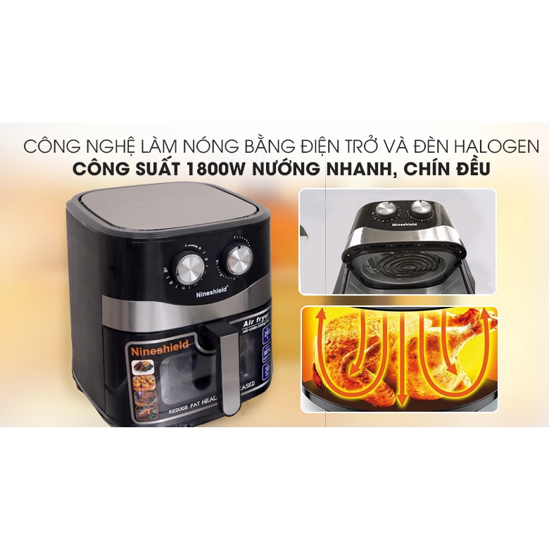 Nồi chiên không dầu Nineshield Nhật Bản dung tích khủng 10,5L, nướng thịt, chiên khoai tây