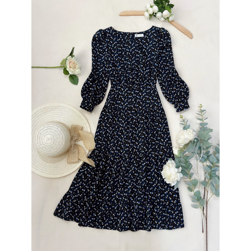 Đầm Midi dáng dài, cổ thuyền, tay phồng, phối nẹp hông, dún eo _ G9.042 _ Đen Bông Ngò Xanh