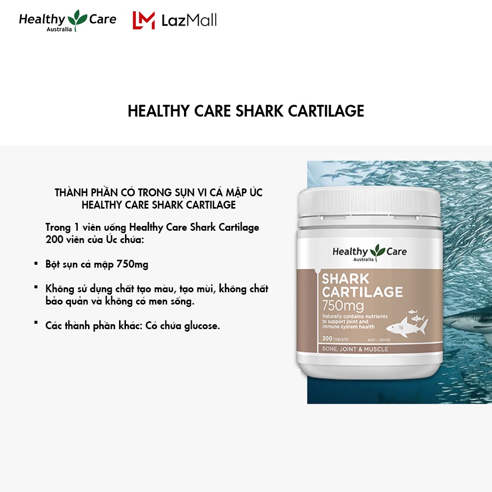 Viên uống sụn vi cá hỗ trợ xương khớp Shark Cartilage Healthy Care 750mg 200 viên của Úc
