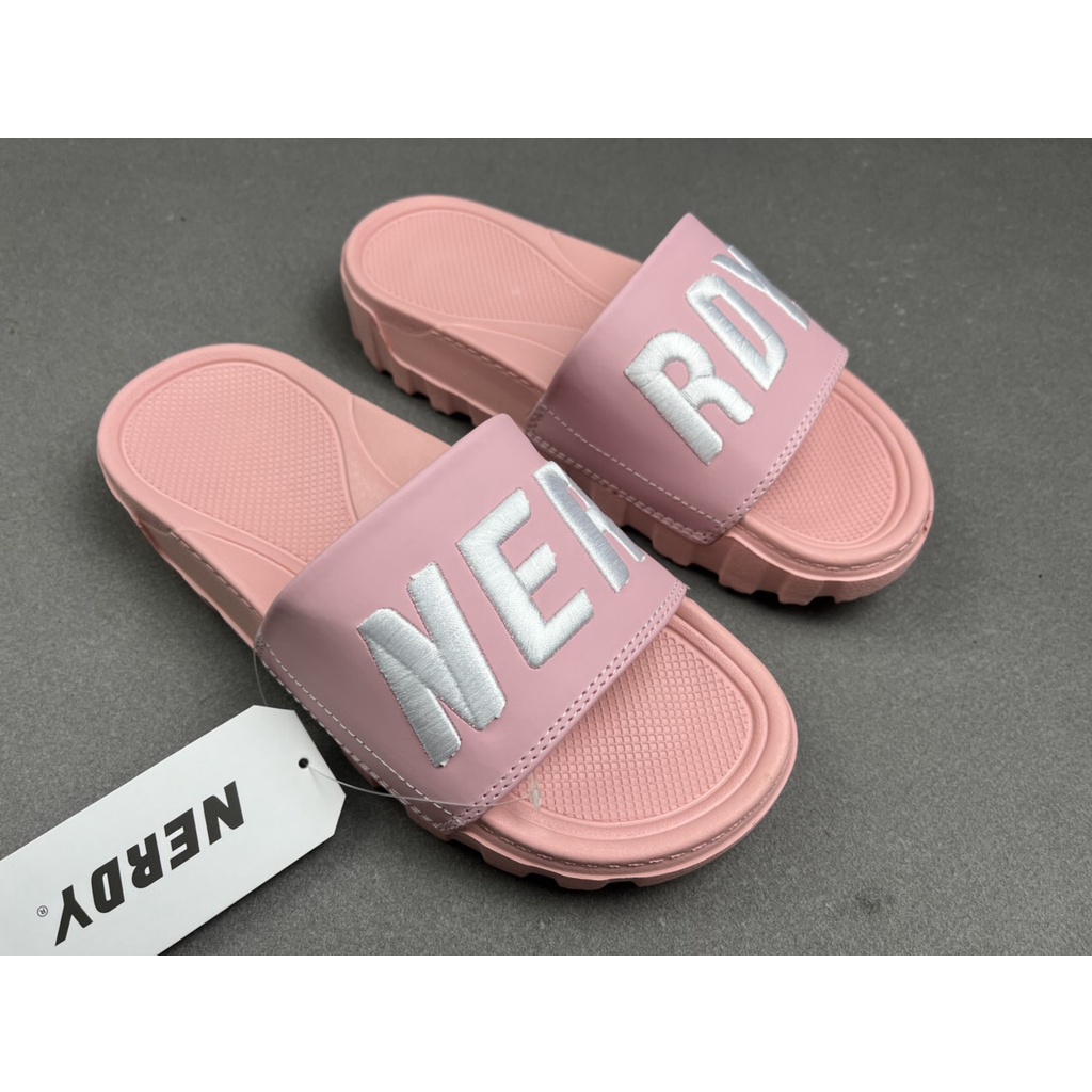 Dép nerdy quai ngang nam nữ đế Left Right cao 4cm, quai chữ NERRDY thêu nỗi -FREESHIP + HỘP hãng- Màu hồng