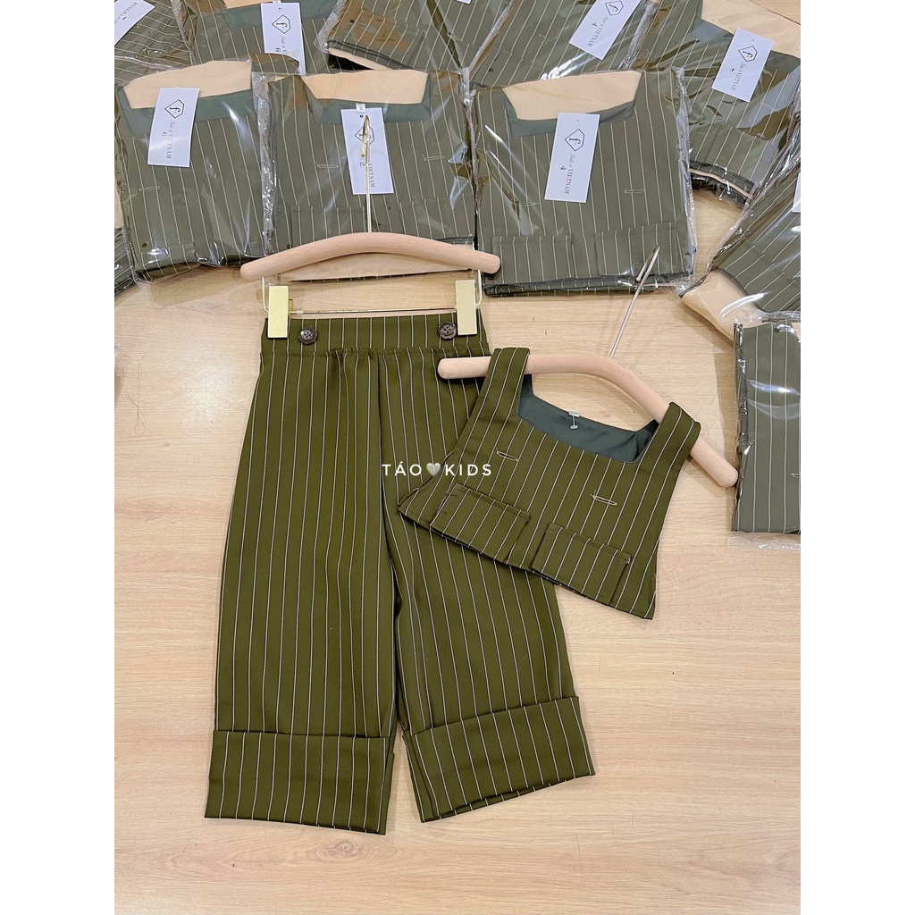 Set áo kẻ đứng màu rêu bé gái
