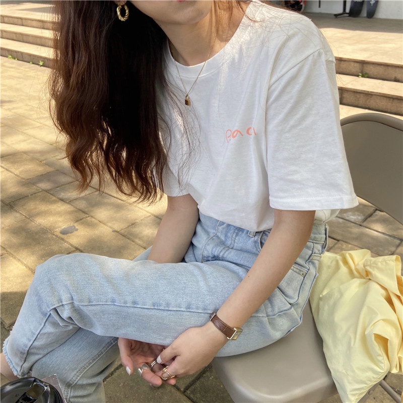 NUZIRO Áo Thun Ngắn Tay Cổ Tròn Dáng Rộng In Hình Quả Đào Thời Trang Mùa Hè Hàn Quốc Dành Cho Nữ