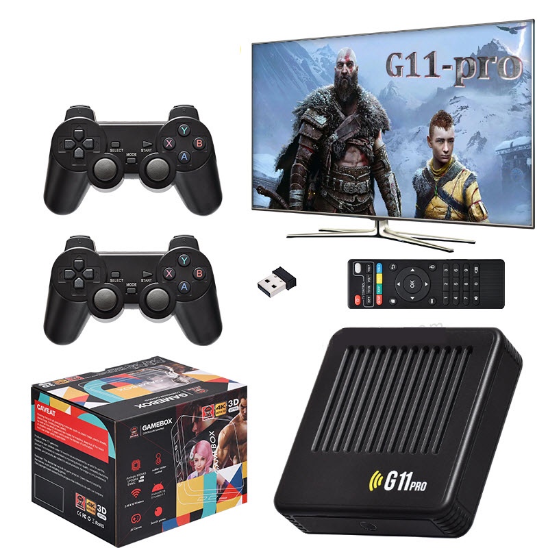 Máy chơi game Console GameBox G11 PRO – 2023 tích hợp tính năng TV BOX – Thẻ 128GB full 42.105 game–2 TAY CẦM KHÔNG DÂY