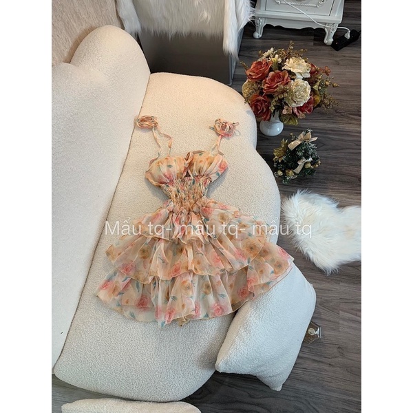 Váy hoa bo chun eo 2 tầng