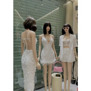 đầm body 2 dây đinh đa phối lông vũ
