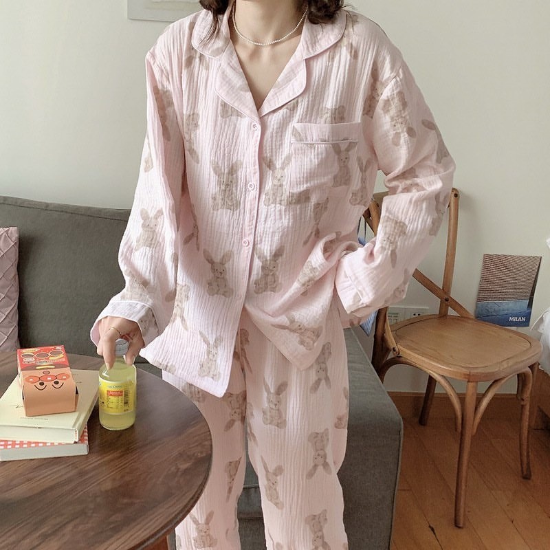 EGHY Bộ Đồ Ngủ Tay Dài Chất Cotton In Họa Tiết Chú Gấu Phong Cách Hàn Quốc Thời Trang Xuân Thu Xinh Xắn Cho Nữ