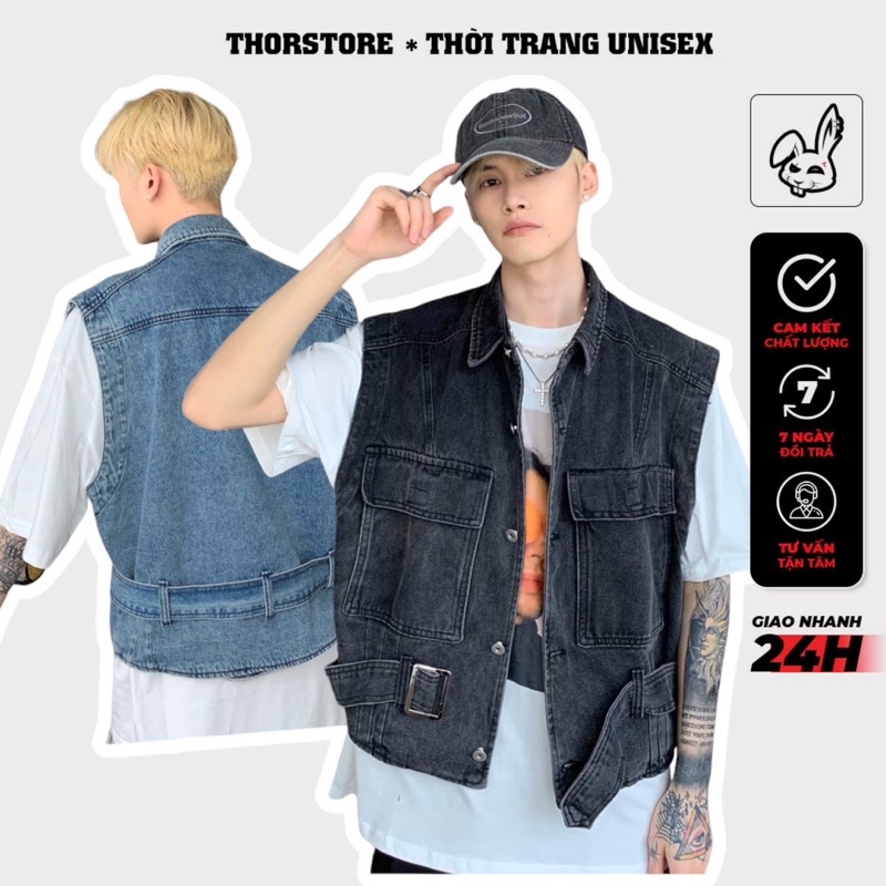 Áo gile jean unisex,form crop thiết kế phối dây ms Dalu
