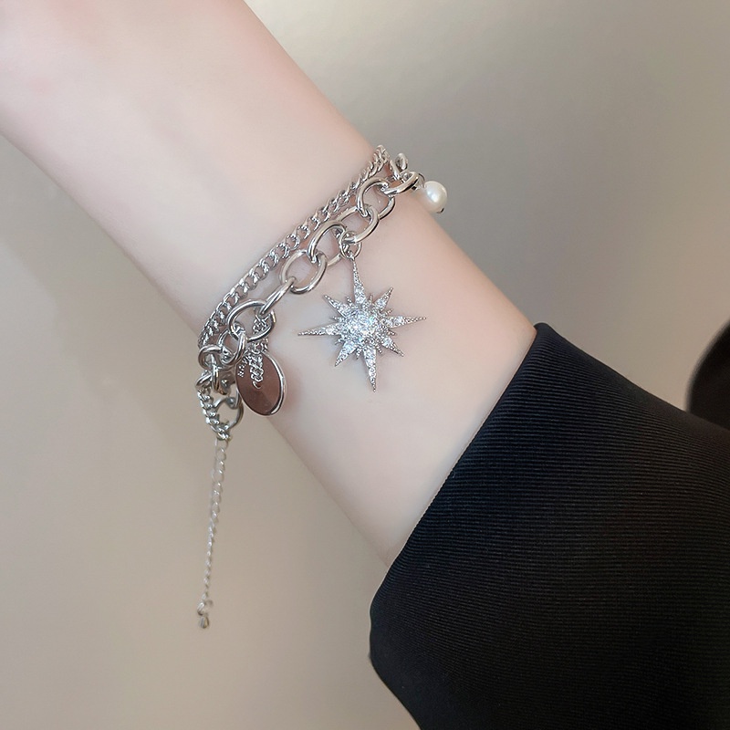 Vòng Tay Ngọc Trai Hai Lớp Bằng Kim Loại Màu Bạc Phong Cách hip hop Thời Trang Chất Lượng Cao Cho Nữ