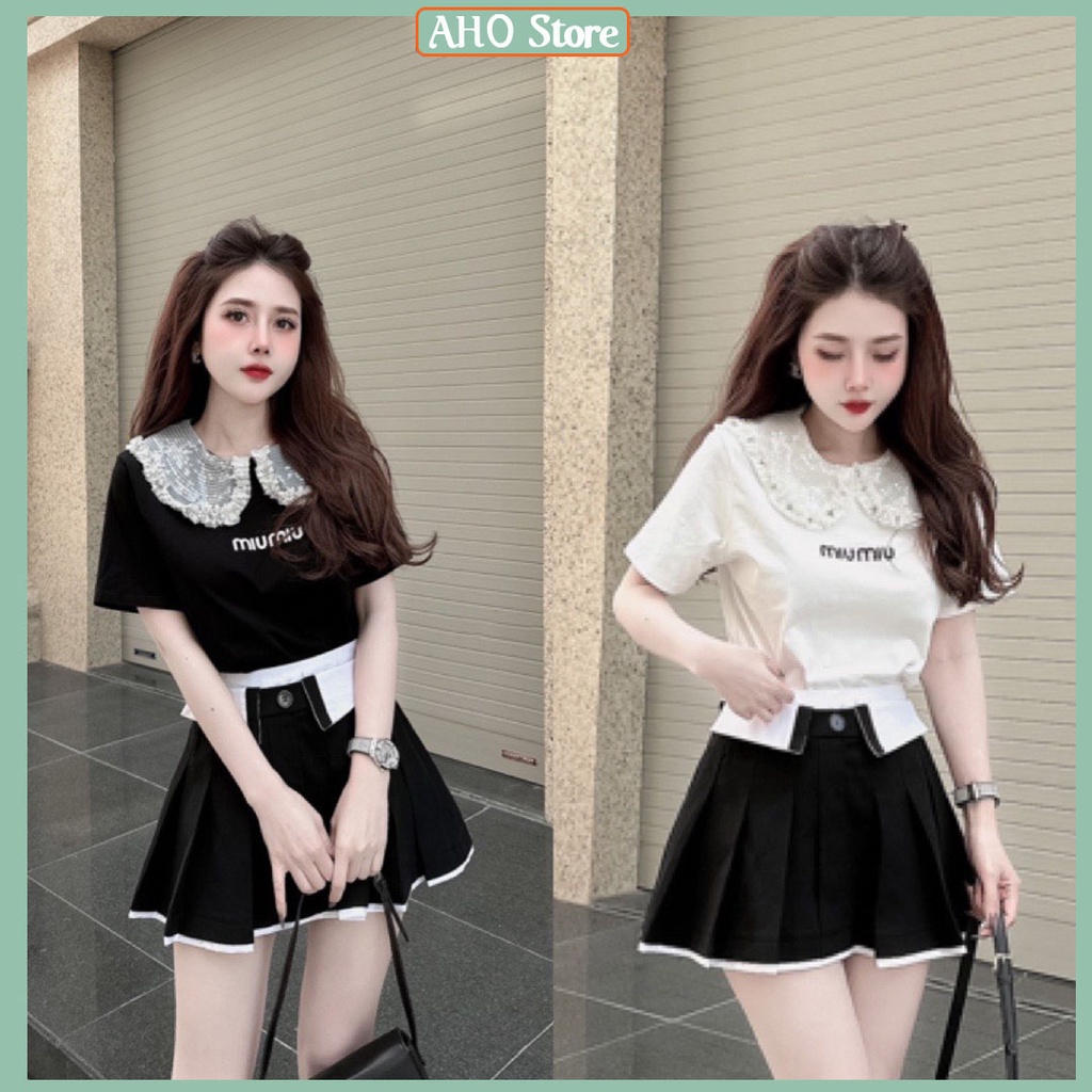 Bộ Áo Phối Cổ Ren Thêu Miu Miu Mix Chân Váy Xếp Ly Phối Vạt Viền Gấu Có Quần Lót Trong