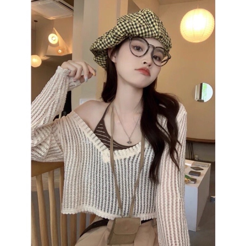 (Hàng QC) Set áo len lưới dệt kim dày tay mỏng nhẹ xuyên thấu cổ V | BigBuy360 - bigbuy360.vn