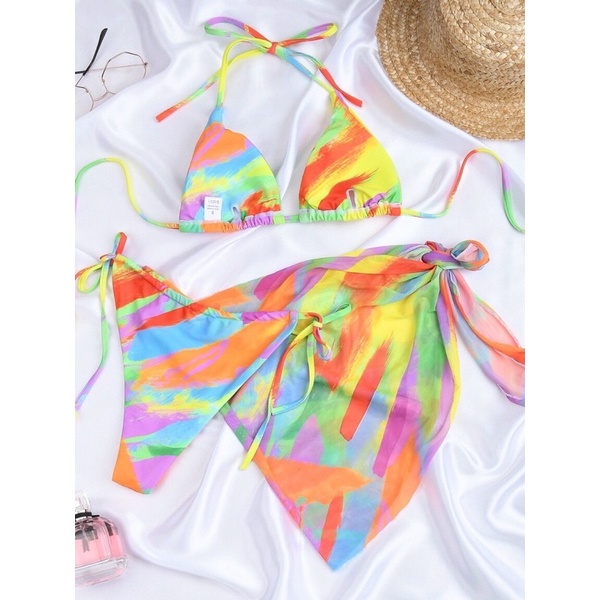 Bikini đồ tắm 3 mảnh chip tam giác mix khăn quấn hoạ tiết vệt màu sành điệu