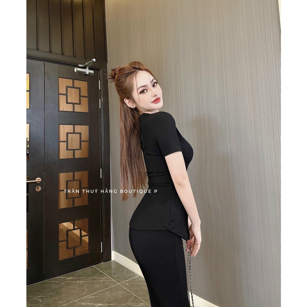 Set bộ nữ thun xốp áo cổ trong tay ngắn đính nút kèm quần dài siêu hack dáng