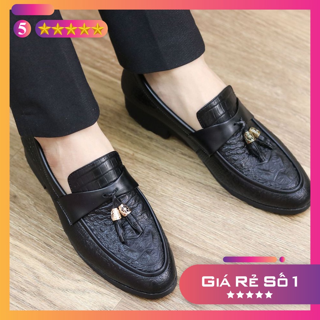 Giầy Da Nam Thời Trang Dập Vân Cá Xấu Kết Hợp Dai Chuông