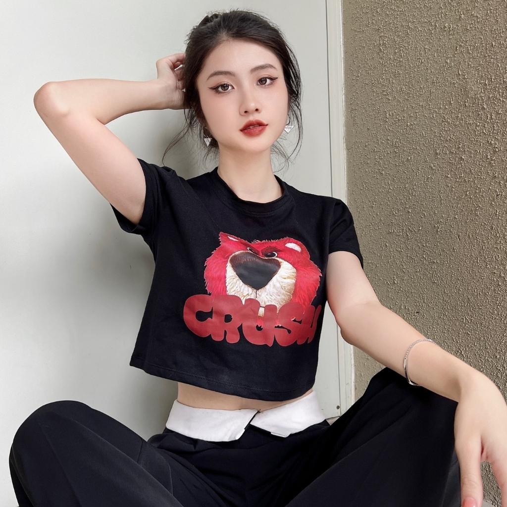 Áo croptop nữ ngắn tay in hoạ tiết Gấu dâu Xquin, Áo kiểu nữ ngắn tay cổ tròn phong cách Hàn Quốc