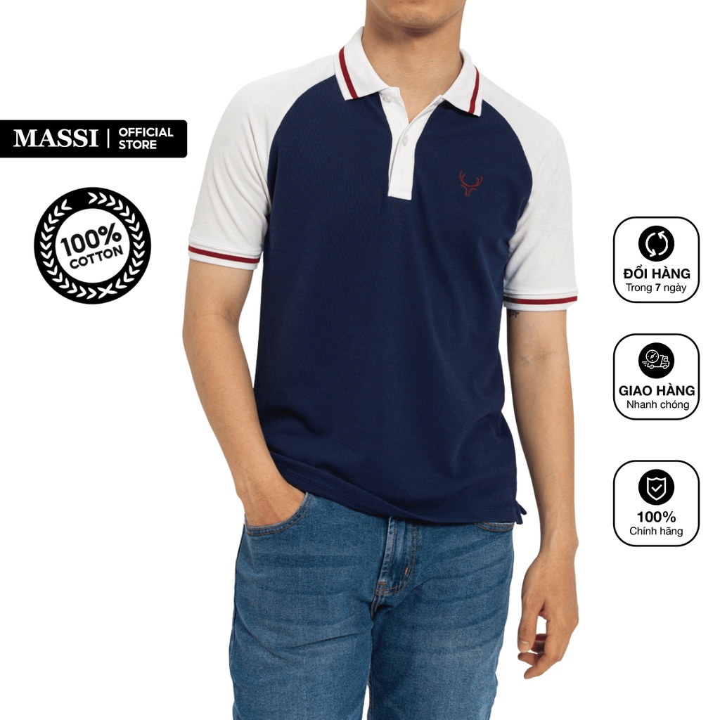 Áo Polo nam Massi 09 màu xanh navy phối cổ trắng vạch đỏ, chất liệu vải co giãn | BigBuy360 - bigbuy360.vn