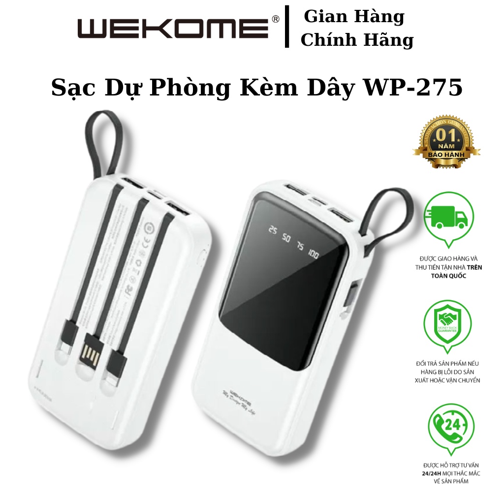 Sạc Dự Phòng Kèm Dây Chính Hãng WEKOME WP-275 Pin 10000mAh Tích Hợp Giá Đỡ Điện Thoại