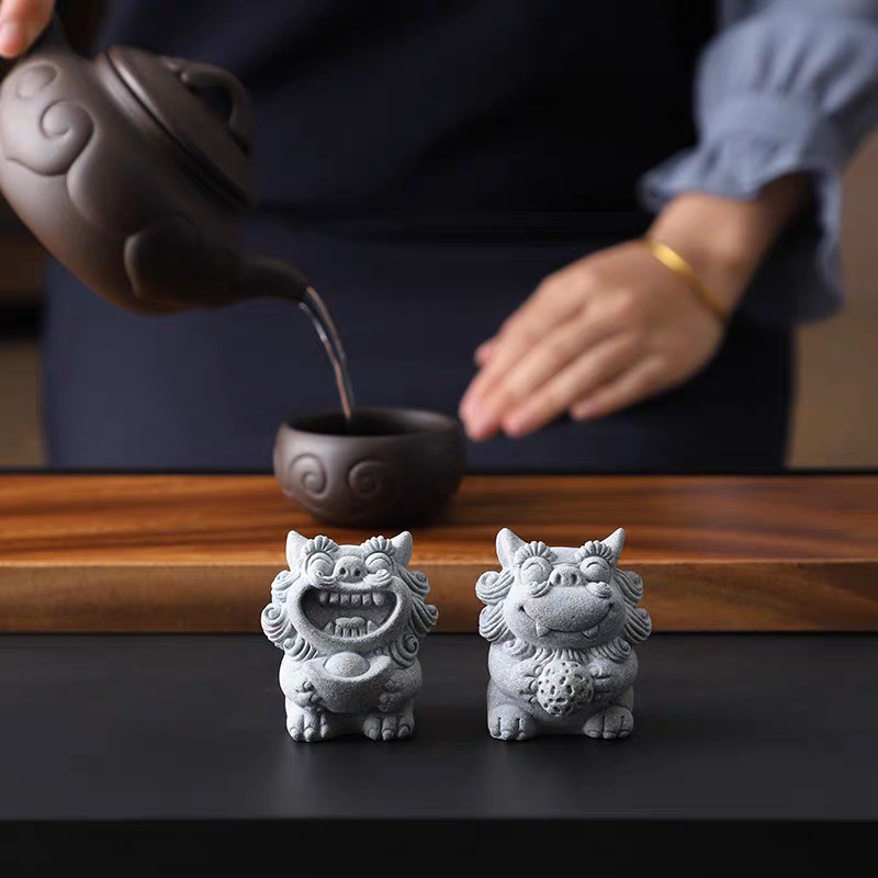 Cặp Tượng SƯ TỬ GIÓ Mini Đá Sa Thạch Xanh trang trí bàn trà, bàn làm việc, quà tặng ý nghĩa,... Tượng Sư Tử dễ thương