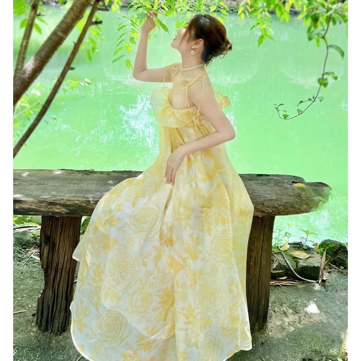 Đầm voan tơ suông bèo 2 dây hoạ tiết Hồng Vàng váy đi chơi du lịch Đà Lạt đi biển dễ thương hotgirl tk bầu bí bon chen