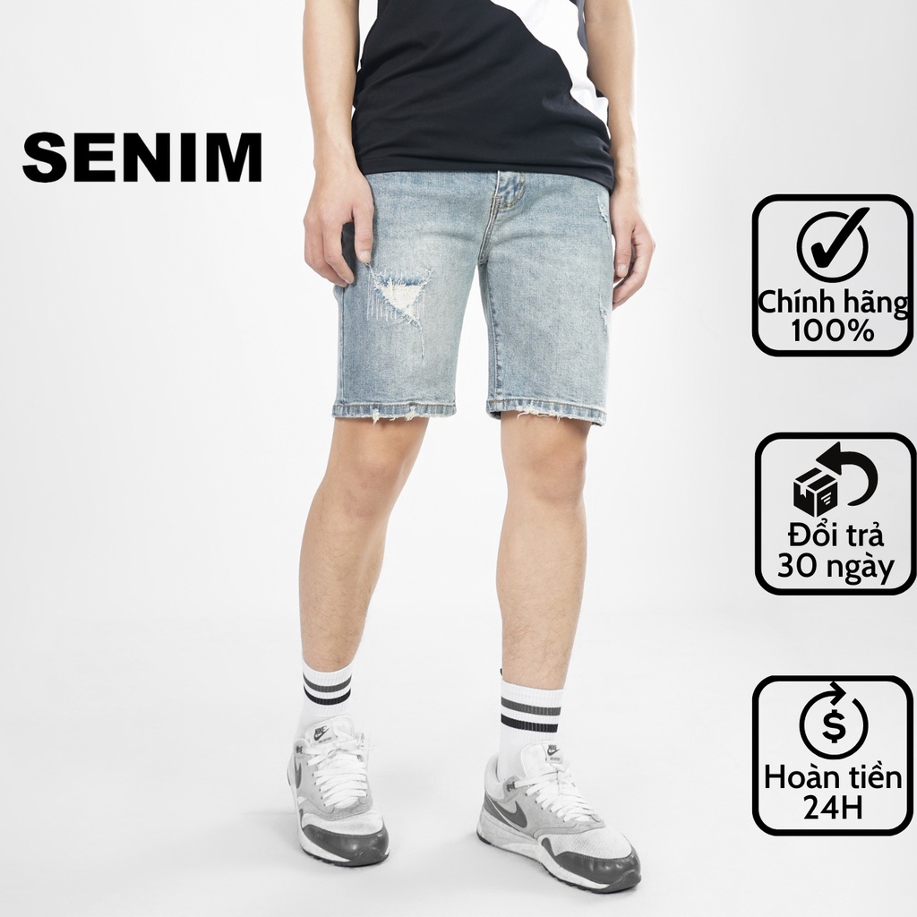 Quần short nam SENIM, quần đùi nam vải Denim dày dặn, Form slimfit, Quần sọt nam xanh S205