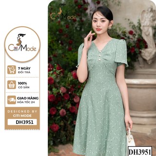 Đầm nữ thiết kế CITI MODE dáng xòe họa tiết hoa xanh phối chân váy đen DH3951
