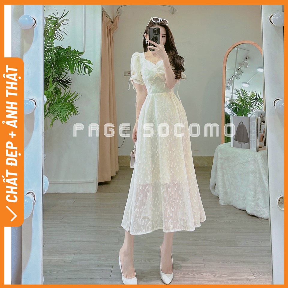 Váy đầm thiết kế ren nổi ngực xoắn nơ tay Socomo V262023 - Hàng loại 1, chất đẹp - Giá tốt