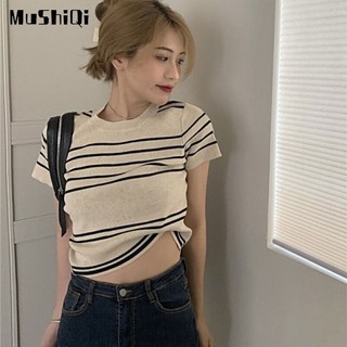 Áo Thun Tay Ngắn Cổ Tròn Dáng Rộng Họa Tiết Kẻ Sọc Màu Sắc Tương Phản Thời Trang Cho Nữ