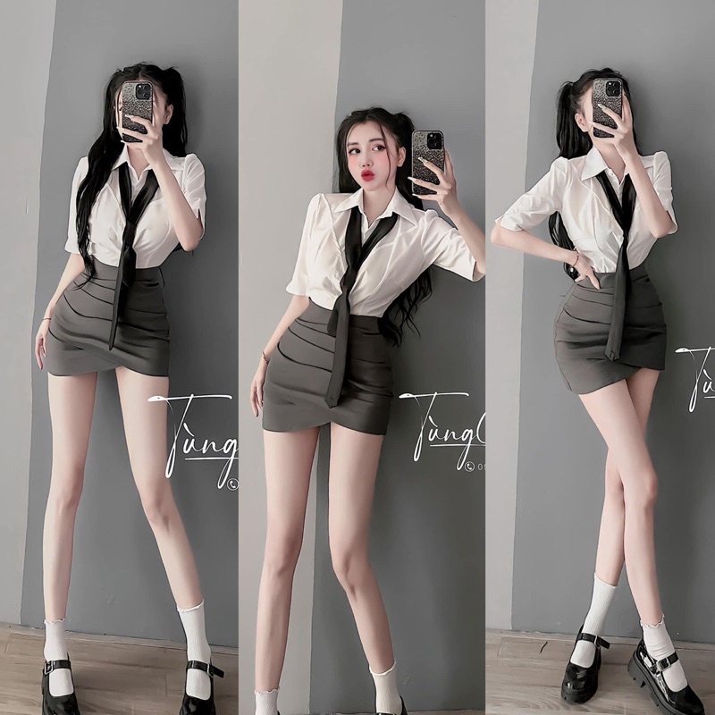 SET HỌC SINH KÈM CÀ VẠT TONE XÁM XẾP CHÉO
