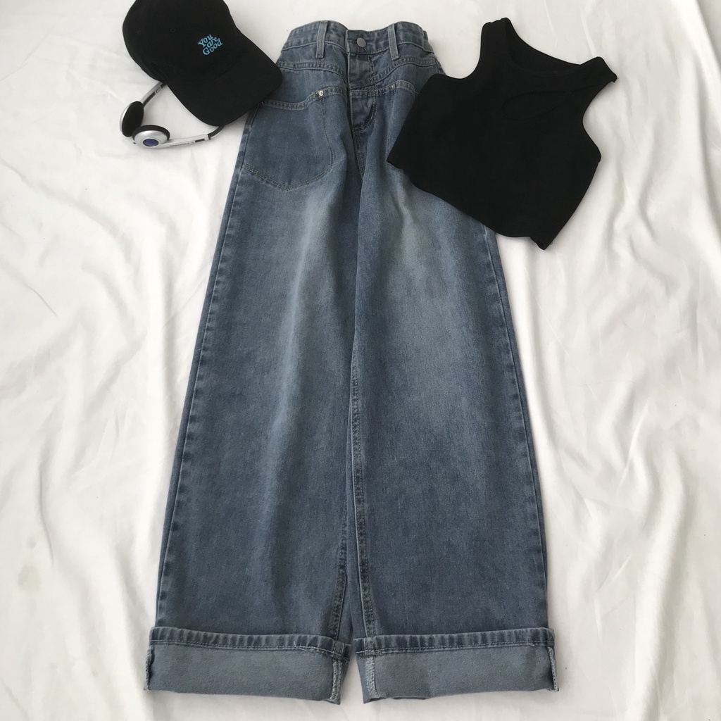 Quần Jean Nữ Ống Rộng PIXEL 2970 Quần Bò Lưng Cao Màu Xanh Phong Cách Ulzzang Hàn Quốc Jem Closet Studio