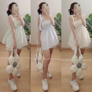 Set áo 2s BBD cột nơ hở lưng hoa nổi kèm quần short kem lưng thun sau 3 màu freesize Pumi