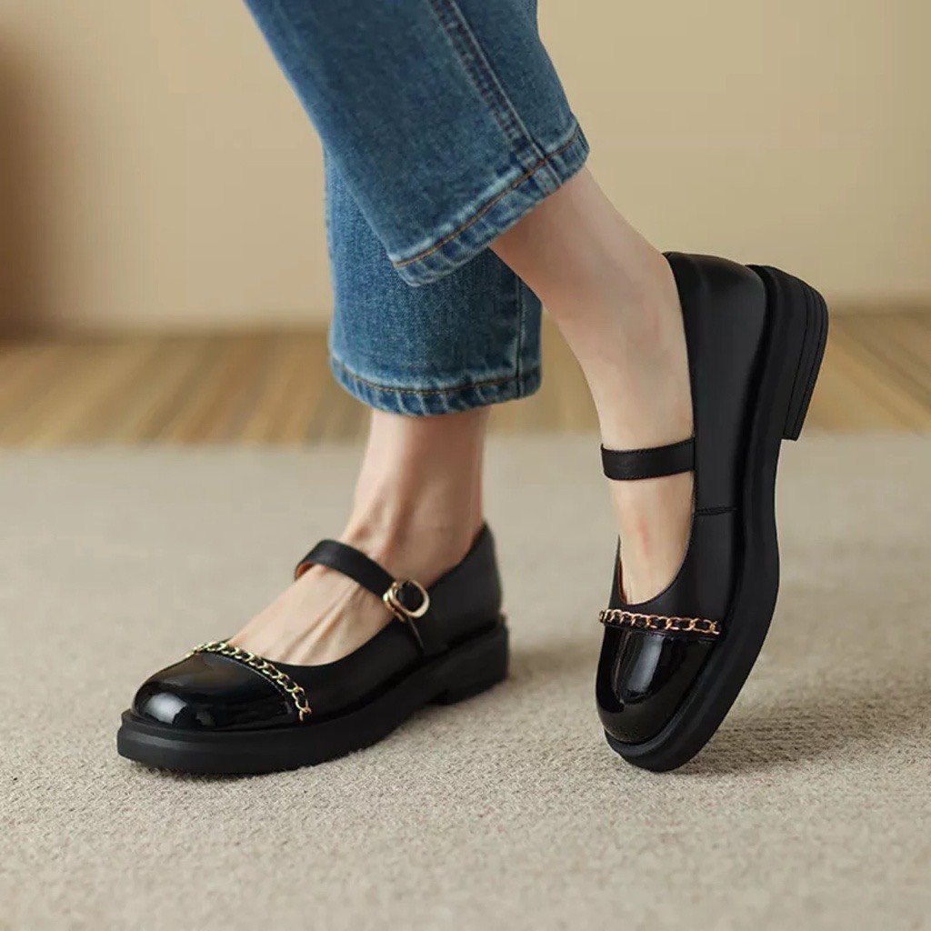 Giày búp bê nữ họa tiết quai da phối xích tiểu thư sang chảnh mẫu mới năm nay