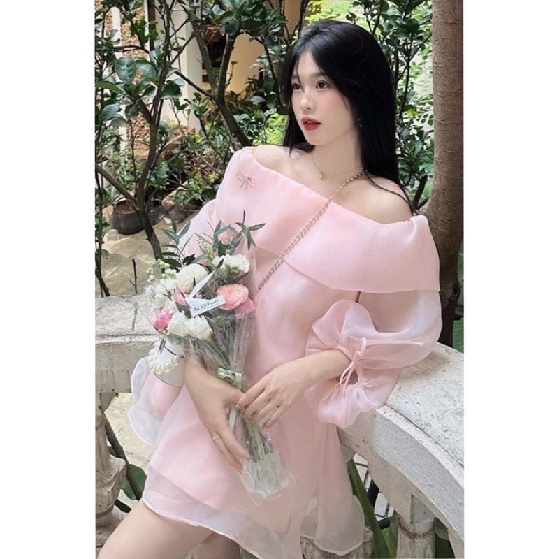 Đầm trễ vai cách điệu hàn quốc/ Áo trễ vai bồng chất tơ lụa cao cấp tặng kèm nơ đá