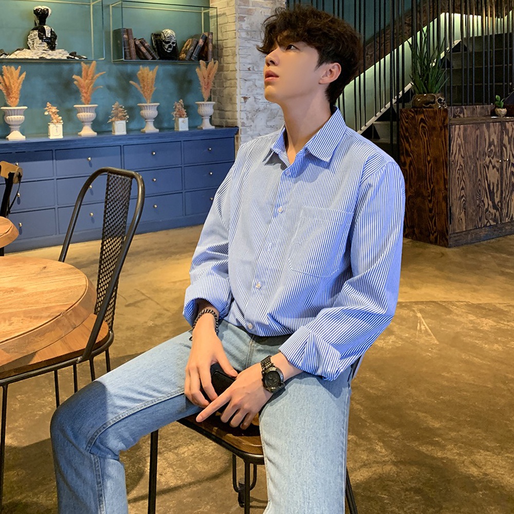 Áo Sơ Mi Nam 2STOREGLE Phom Rộng Chất Cotton Mát Kiểu Dáng Kẻ Sọc Phong Cách Hàn Quốc Thời Trang Trẻ Trung Hiện Đại