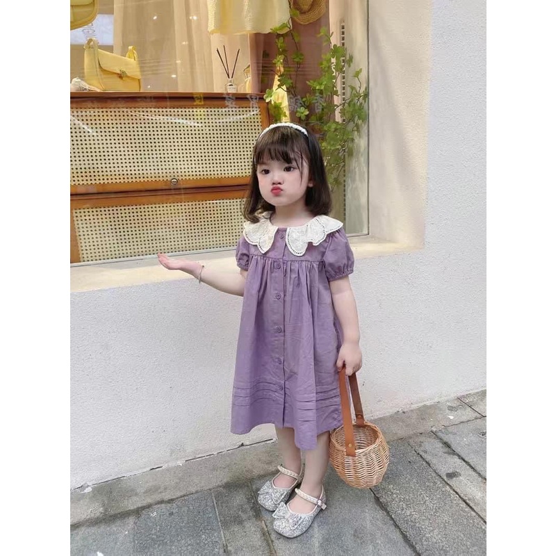 Váy tím thô mềm mại babydoll phối cổ ren điệu đà bé gái, 10-23kg.-PITUPI-BEBOONG-MS 23.024