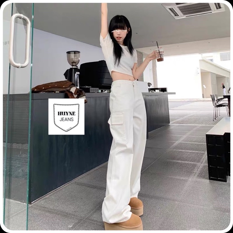 (ẢNH THẬT) Quần jean túi hộp nữ màu trắng - Quần bò ống rộng màu trắng, chất ko co dãn , dài 103cm HUYEN Denim