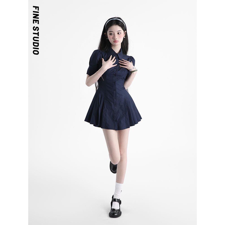 Fine Studio Váy Chữ a Xếp Ly Cài Nút Tay Ngắn Ôm Eo Phong Cách Preppy Mùa Hè Cho Nữ