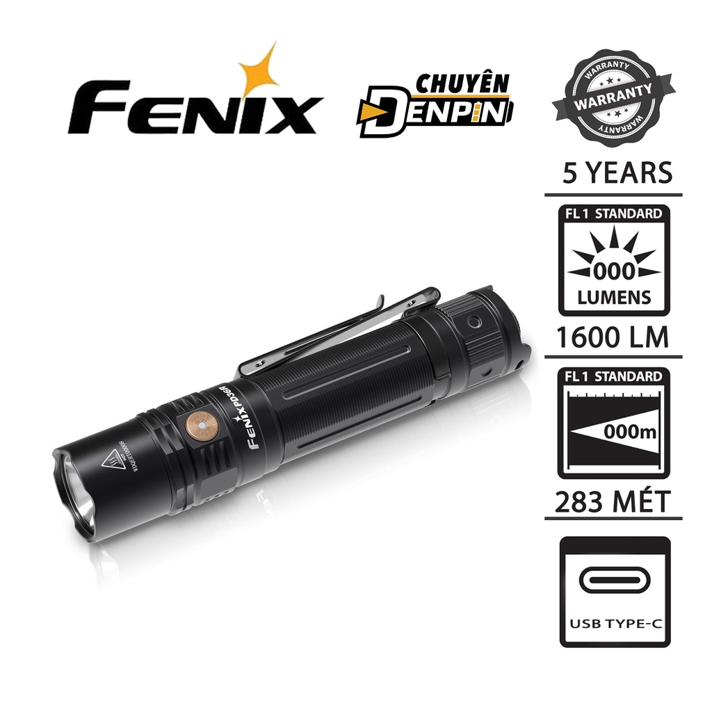 Đèn Pin Fenix đặc chủng PD36R công suất 1600 lumens, chiếu xa 283 mét, dùng pin 21700 5000mAh, tích hợp sạc Type C.