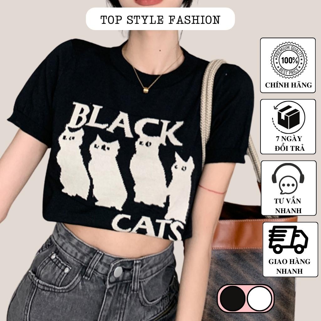 Áo croptop ngắn tay cổ tròn in hình mèo cùng màu chữ đặc sắc, áo kiểu nữ ôm body siêu tôn dáng-A6