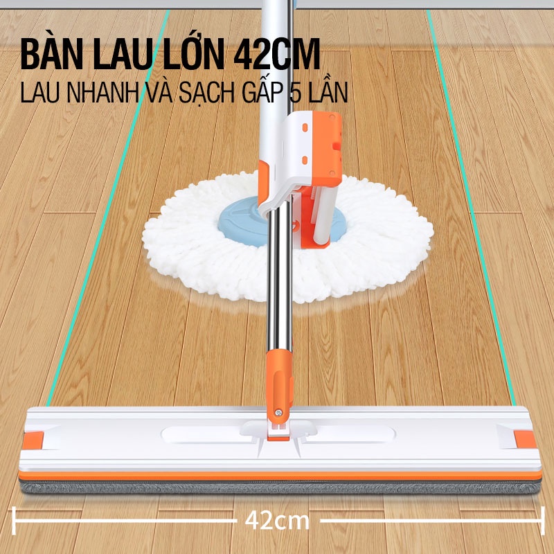 Cây lau nhà tự vắt Kitimop-White bàn lau lớn 42cm, con lăn trợ lực, thanh thép không gỉ, khớp xoay 360 độ, 2 bông lau