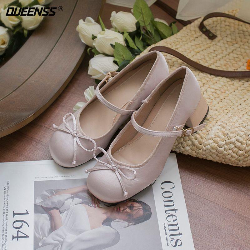 Giày Búp Bê Mary Jane Gót Vừa Phối Nơ Satin Phong Cách Retro Mùa Xuân 2023