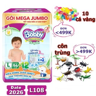Tã quần bobby l96+12 gạo non mẫu mới date 2026 mega jumbo