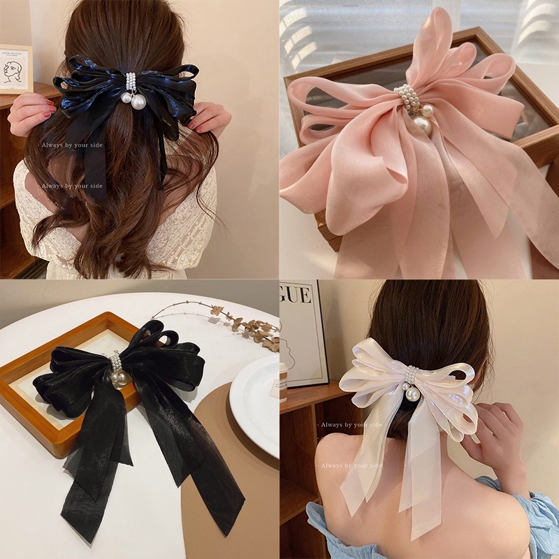 Kẹp Tóc Ruy Băng Lớn Đính Hạt Ngọc Trai Thời Trang Hàn Quốc