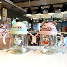 Bình nước tập uống cho bé hình heo con 350ml - có dây đeo
