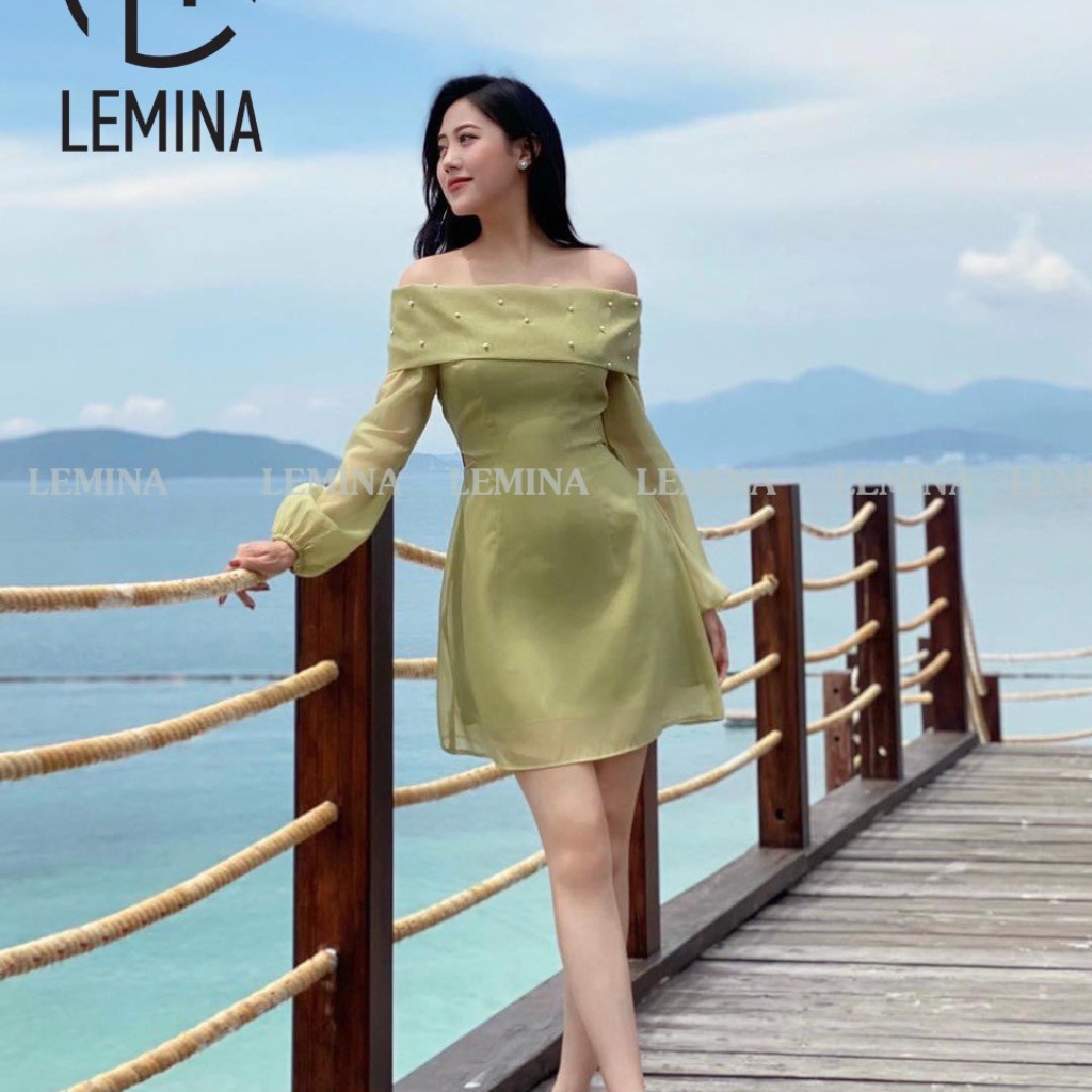 Váy đầm GINA DRESS, váy tơ mềm ,trễ vai đính ngọc tiểu thư đi chơi LEMINA .
