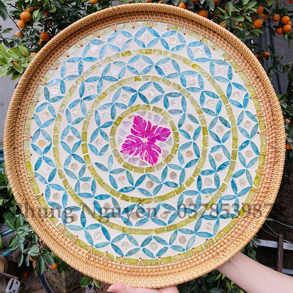 Mâm Khảm Trai Đường Kính 50cm, Mâm Mây Tre Đan Dercor, Khay Mây Đựng Đồ Đa Năng Decor Trang Trí Nhà Cửa