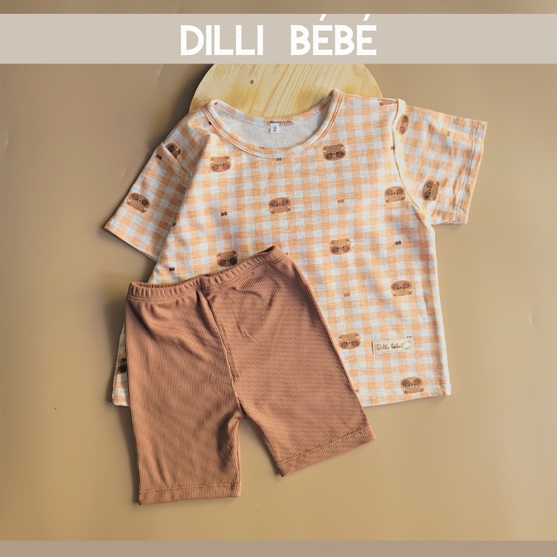 Quần leggin ngố đùi áo thun cho bé trai bé gái gấu nâu caro 1 2 3 4 5 tuổi - Dilli Bebe