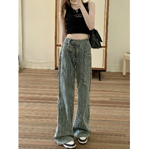 QKOOLE  Quần Jean Nữ Ống Rộng Lưng Cao Kẻ Sọc Dọc Phong Cách Vintage Hàn Quốc
