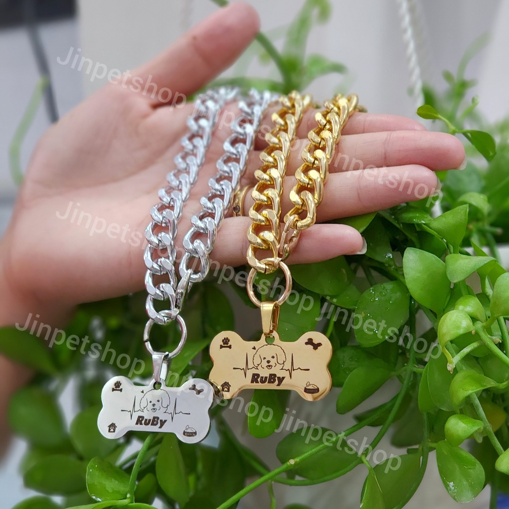 Vòng Cổ Chó Mèo - Combo Dây Xích & Thẻ Tên Hình Xương (Size Từ 1-65Kg)