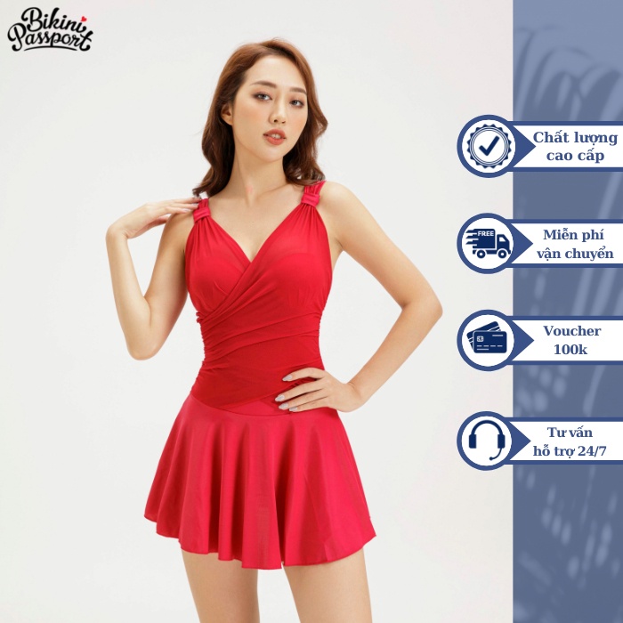 Đồ bơi Nữ BIKINI PASSPORT kiểu Một mảnh váy nhún chéo - màu Đỏ - BS301_RD