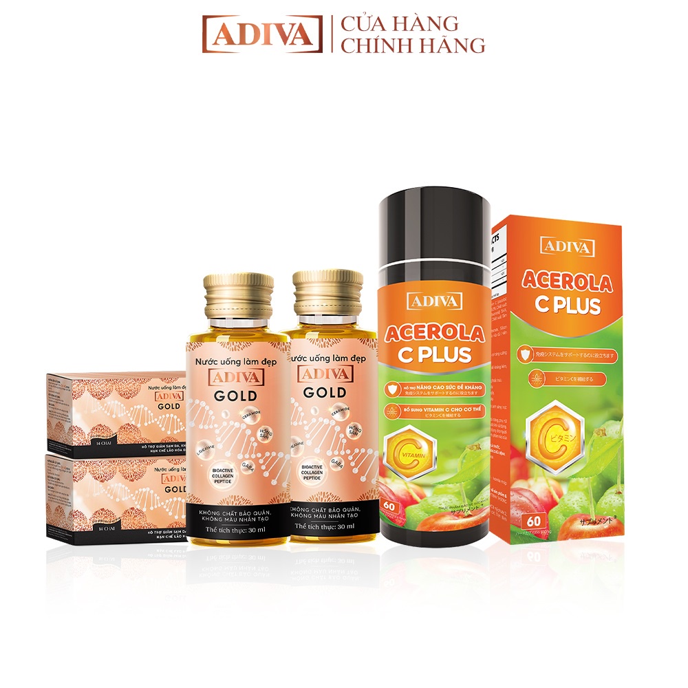 Combo 2 Hộp Nước Uống Làm Đẹp Collagen ADIVA Gold (14 Chai/Hộp) Tặng Viên Uống Bổ Sung Vitamin C Acerola C Plus 60 Viên